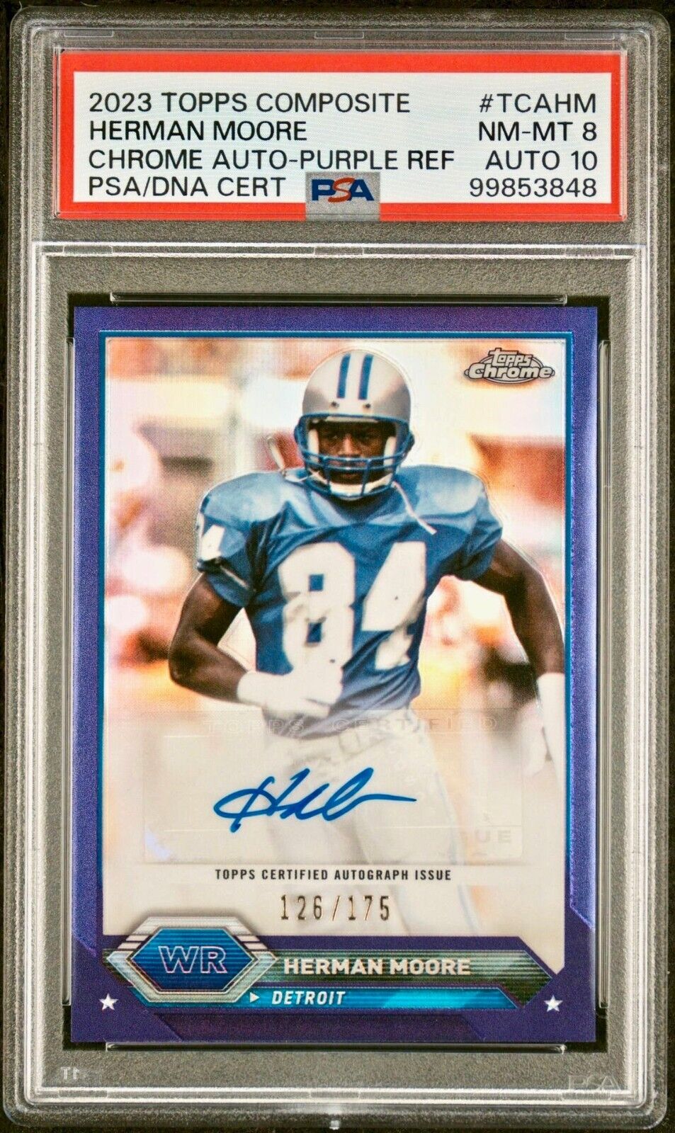 Herman Moore 2023 Topps Chrome NFL Purple Refractor 126/175 PSA 8 Auto 10