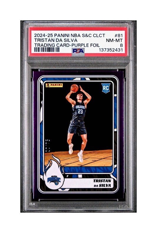 Tristan da Silva Rookie 2024-25 Panini NBA #81 Sticker 20/75 Purple Foil PSA 8