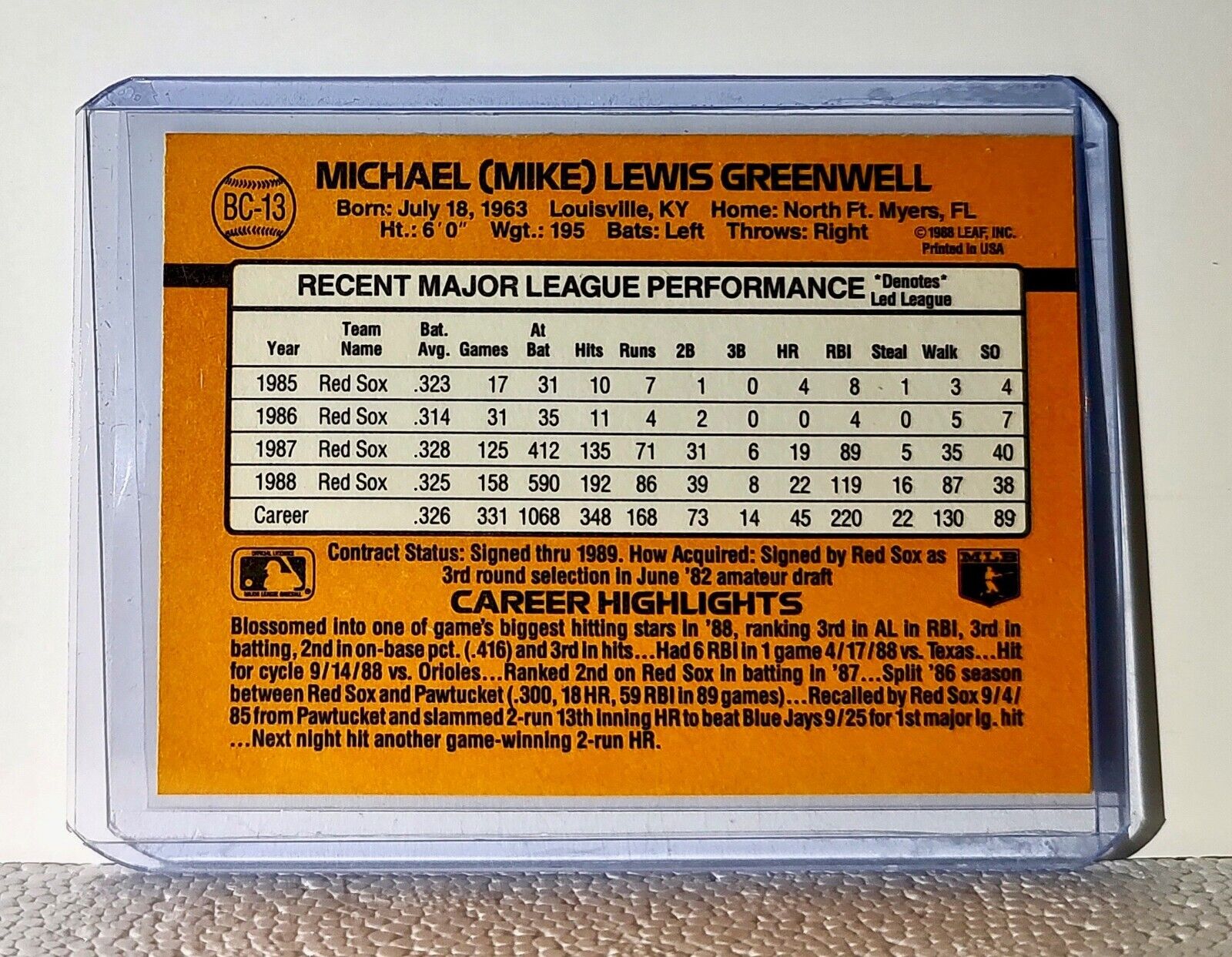 Mike Greenwell 1989 Donruss MLB #BC-13 MVP Baseball Card Boston Red Sox