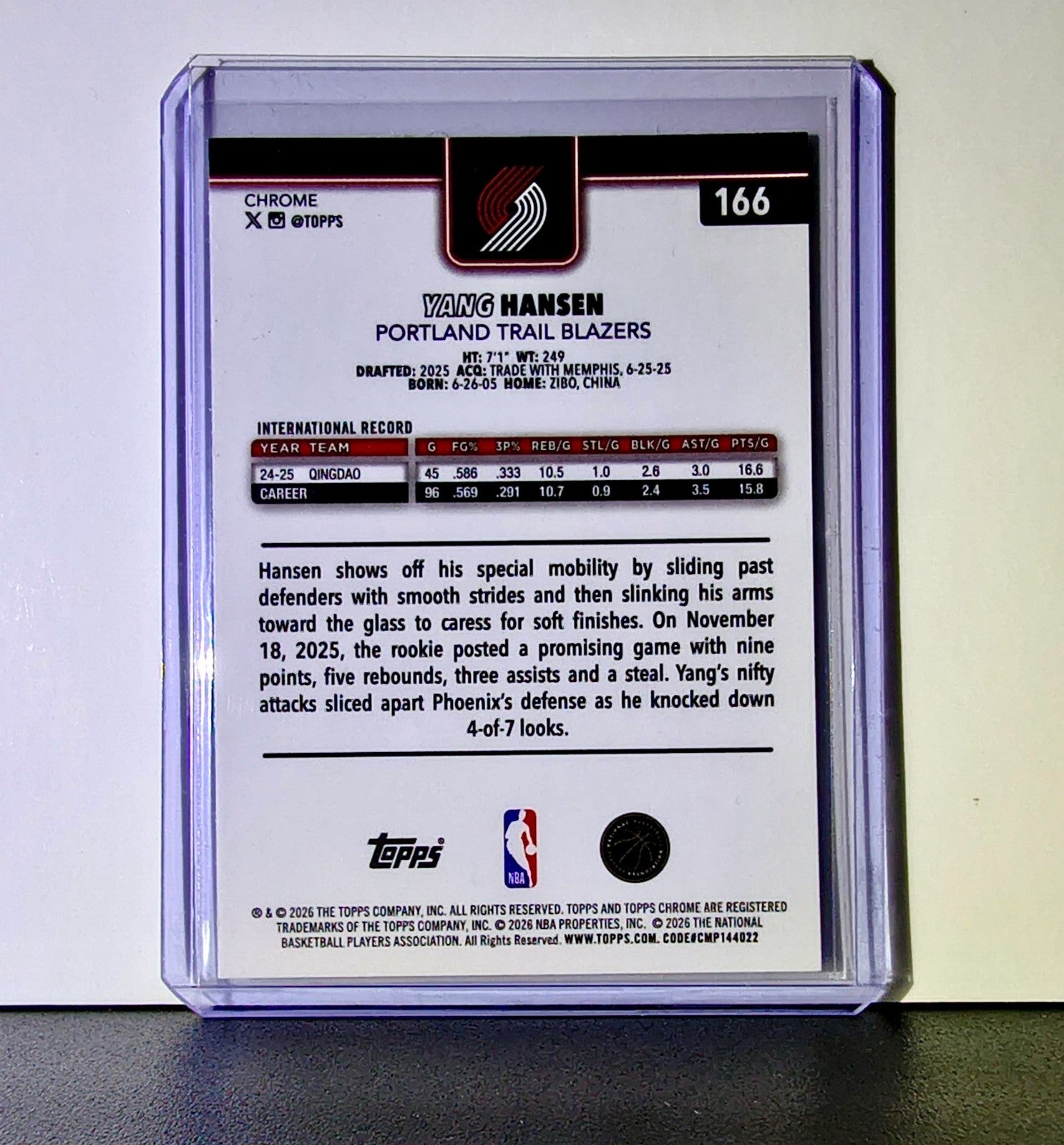 Yang Hansen Rookie 2025-26 NBA Topps Chrome Update #166 Card Trail Blazers