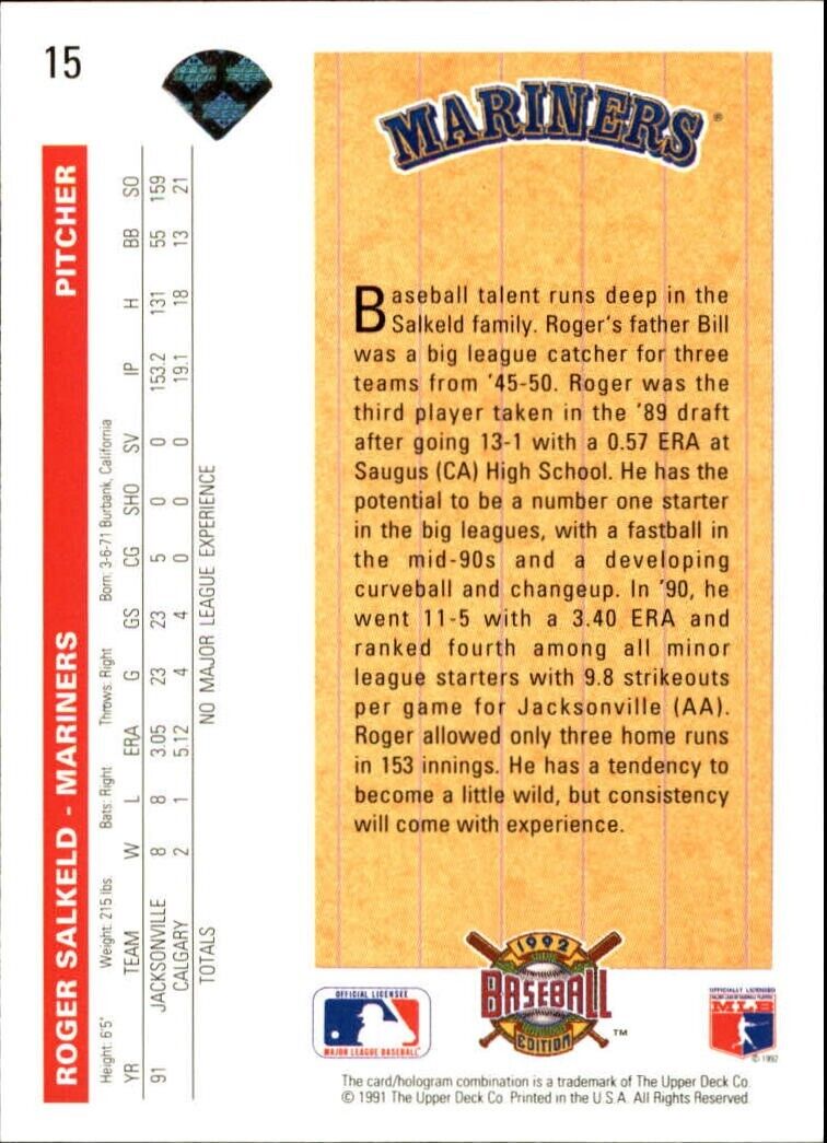 Roger Salkeld 1992 Upper Deck MLB #15 Star Rookies Error Baseball Card Mariners