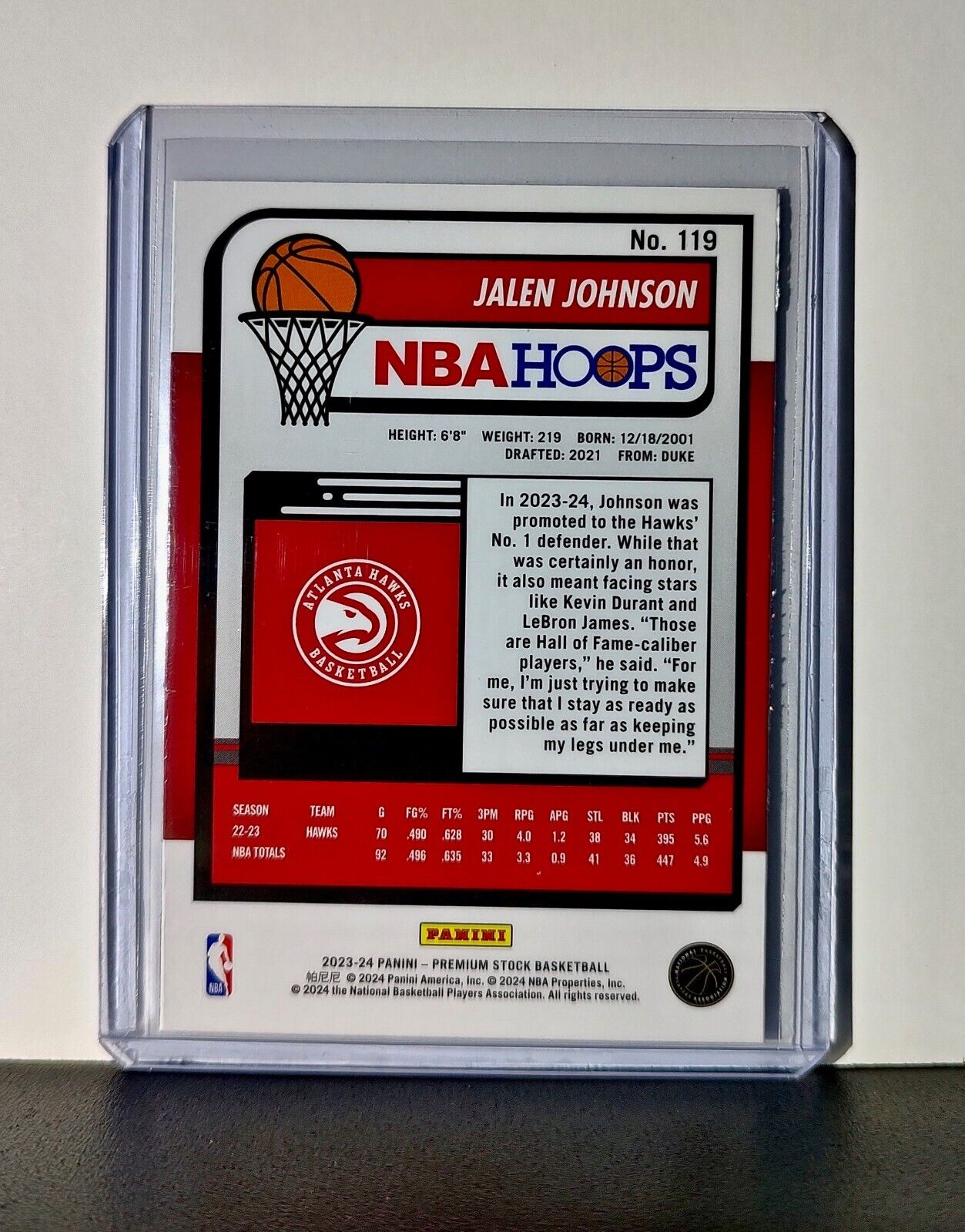 Jalen Johnson 2023-24 Panini Premium Stock NBA Hoops #119 Card Atlanta Hawks