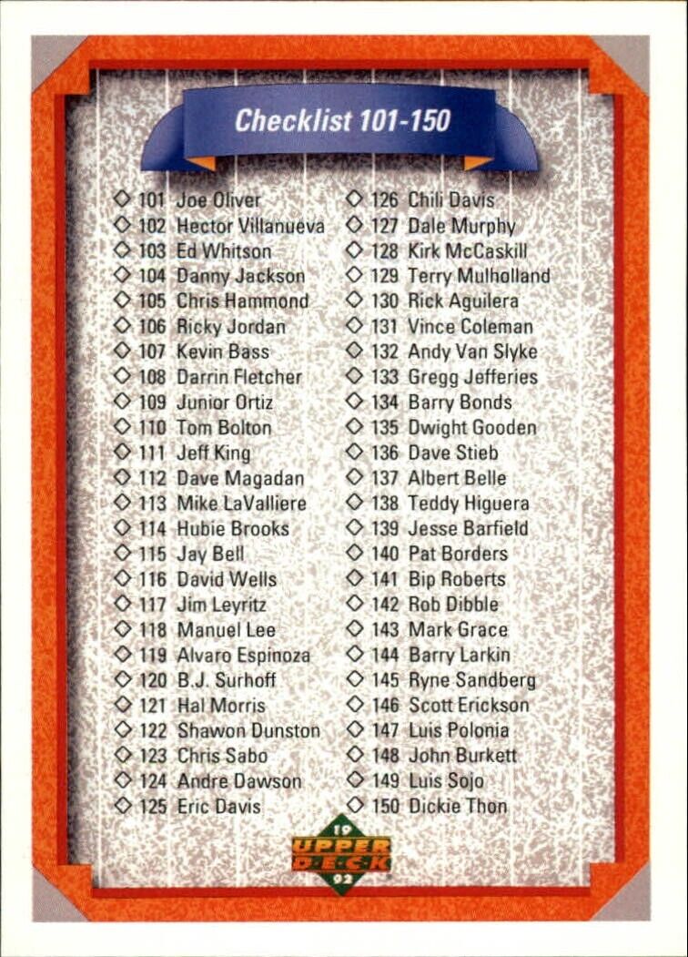 Checklist 101-200 1992 Upper Deck MLB #200 Baseball Card