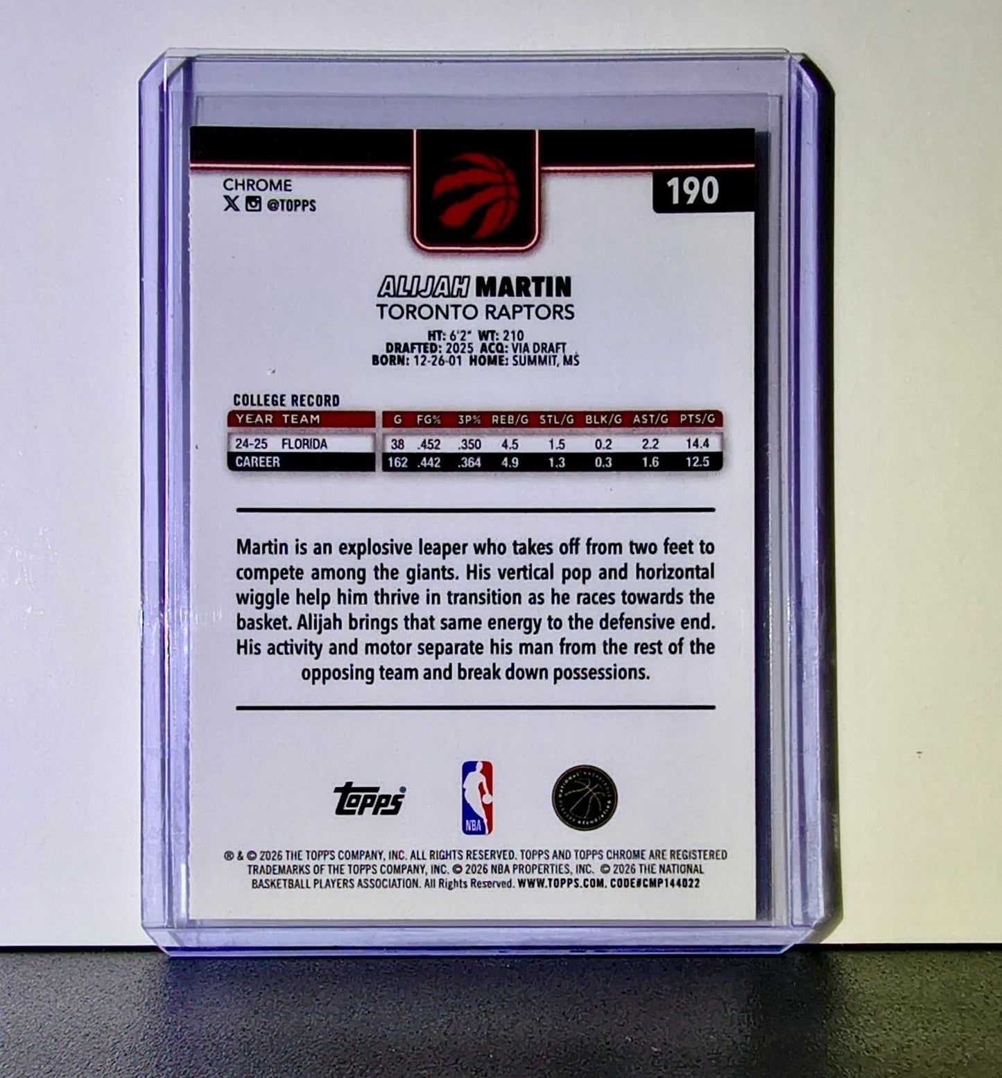 Alijah Martin Rookie 2025-26 NBA Topps Chrome Update #190 Card Toronto Raptors