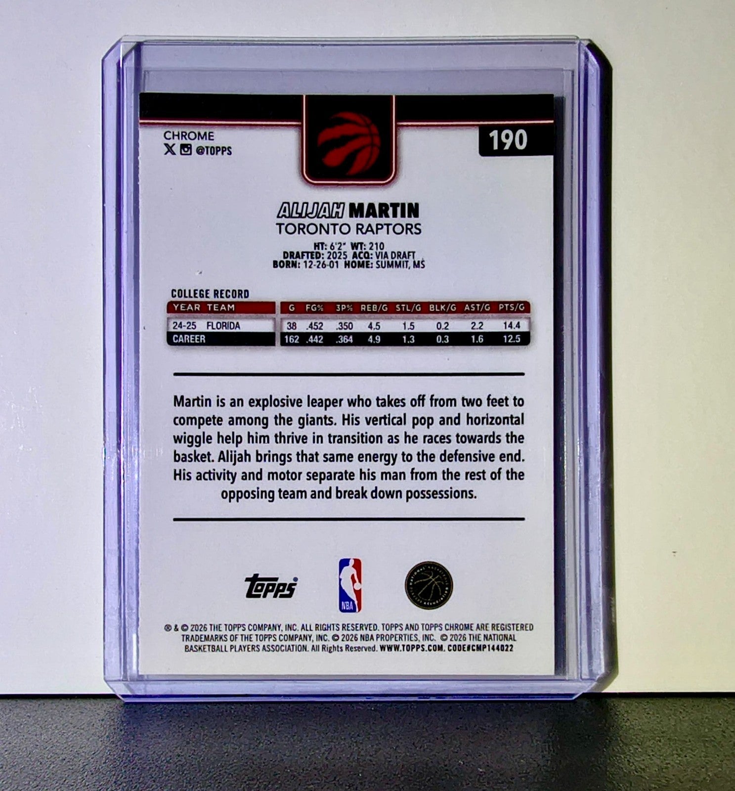 Alijah Martin Rookie 2025-26 NBA Topps Chrome Update #190 Card Toronto Raptors