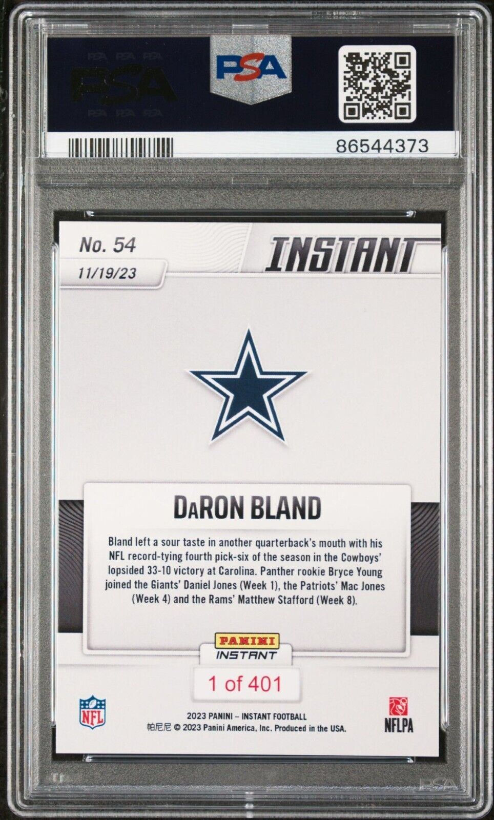 Daron Bland 2023 Panini NFL #54 Card 1 of 401 Ties Pick-6 Record PSA 8 NM-MT