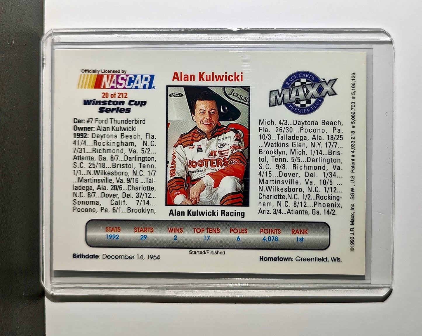 Alan Kulwicki 1993 Maxx Premier Plus Racing #20 NASCAR Card AK Racing