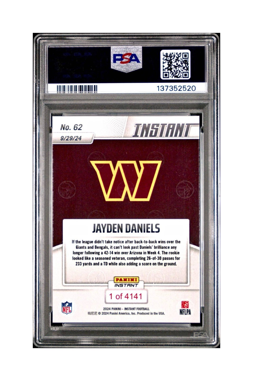 Jayden Daniels Rookie 2024 Panini Instant NFL #62 PSA 10 Gem Mint