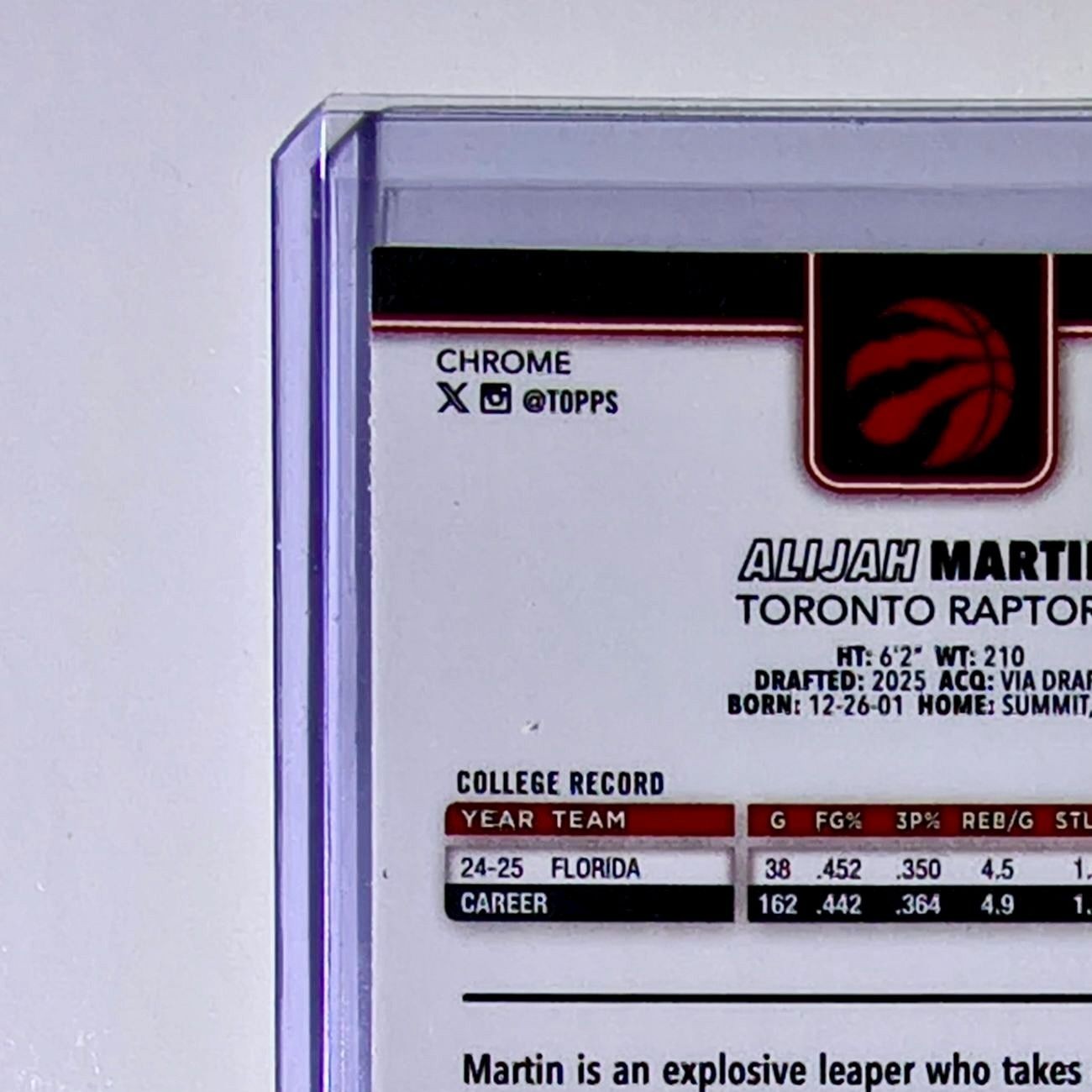 Alijah Martin Rookie 2025-26 NBA Topps Chrome Update #190 Card Toronto Raptors