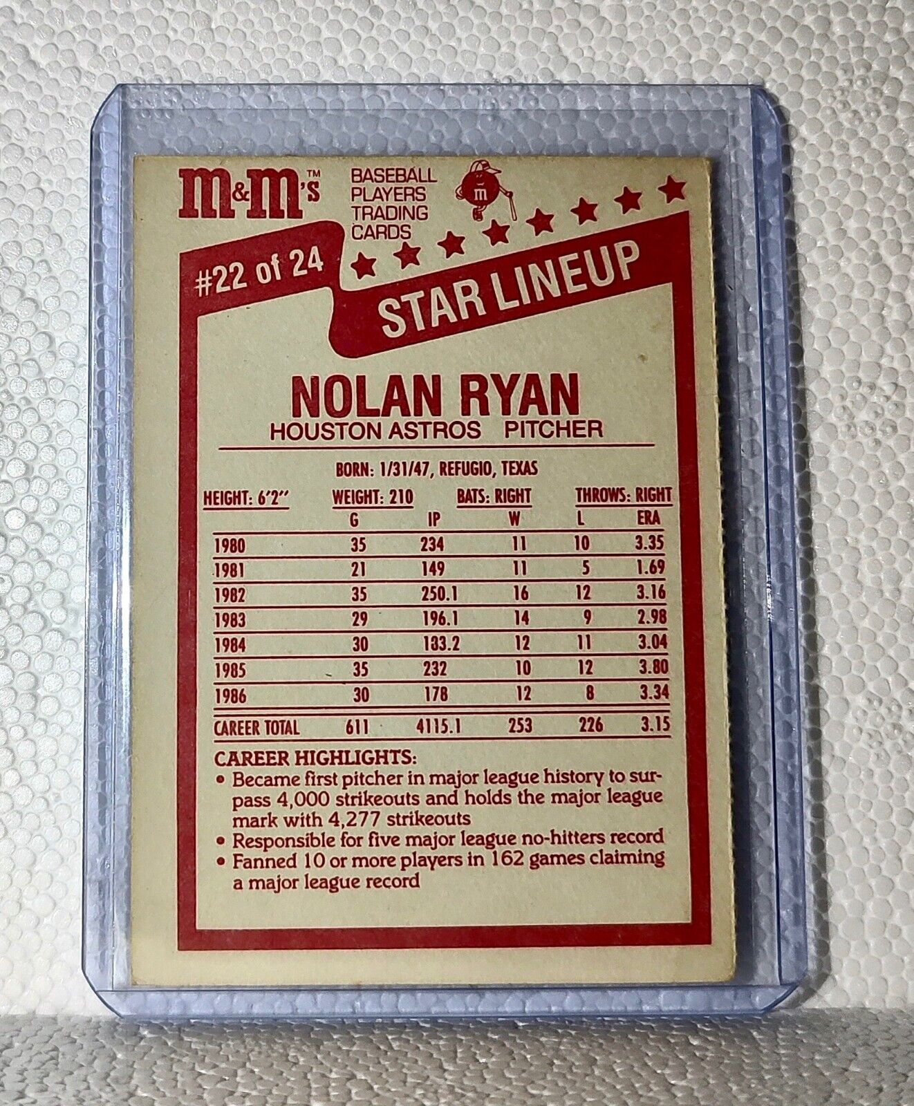 Nolan Ryan 1987 M&M’s MLB #22 Baseball Card Houston Astros