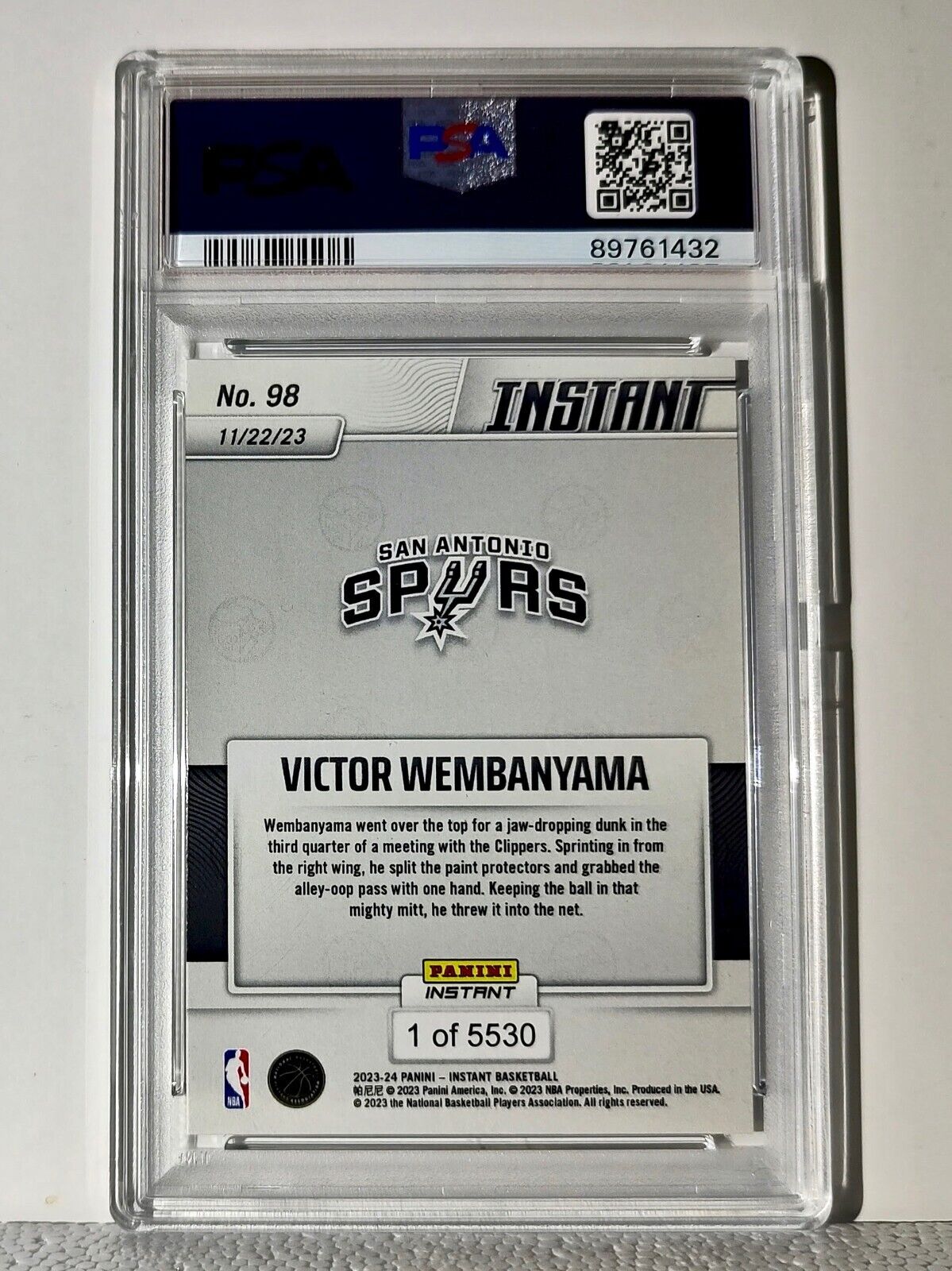 Victor Wembanyama 2023-24 Panini #98 NBA Rookie Card Spurs 1 of 5530 PSA 9 Mint