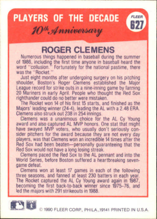 1990 Roger Clemens Fleer Baseball Card #627