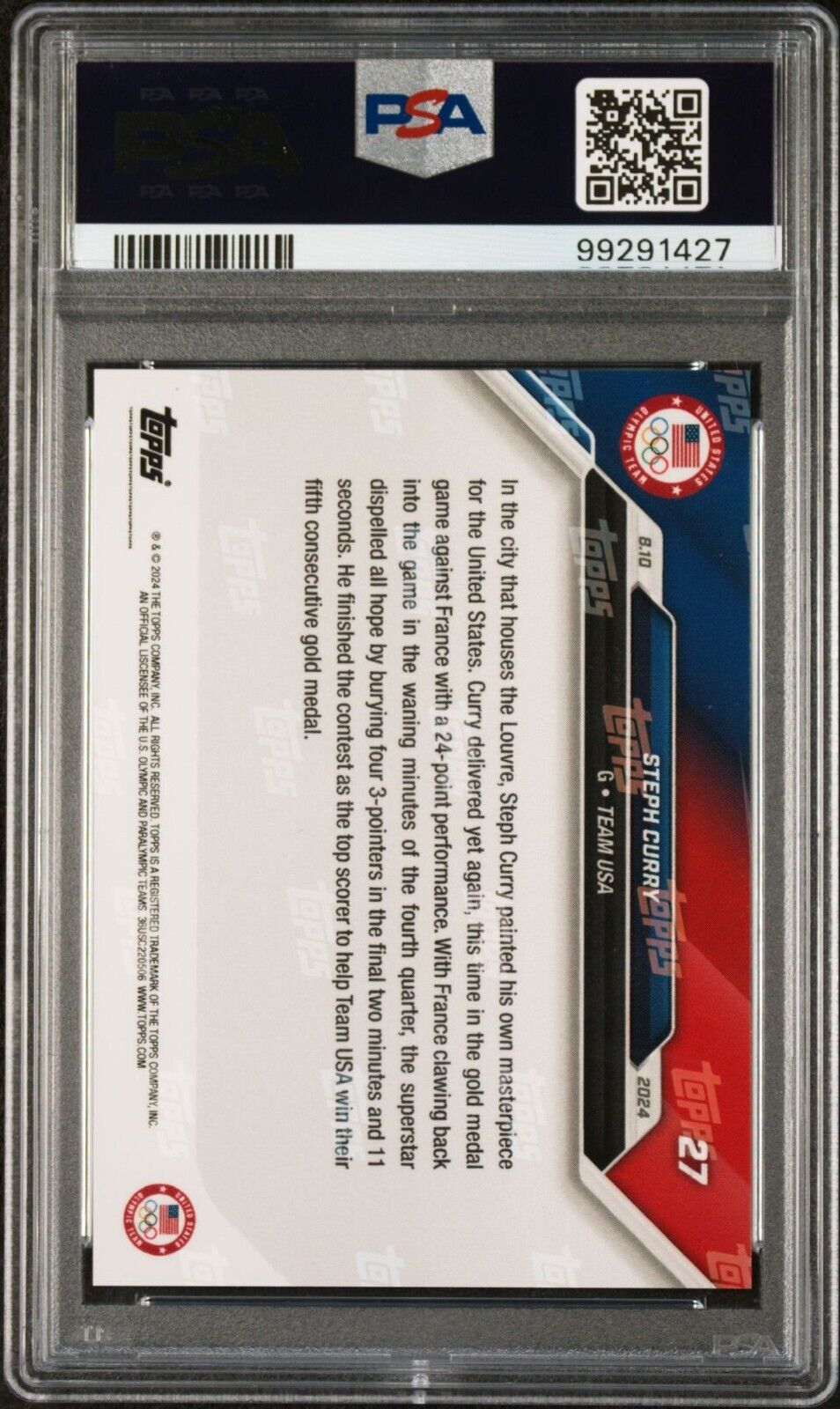 Steph Curry 2024 Topps Now United States Olympic Team Basketball #27 Card PSA 10