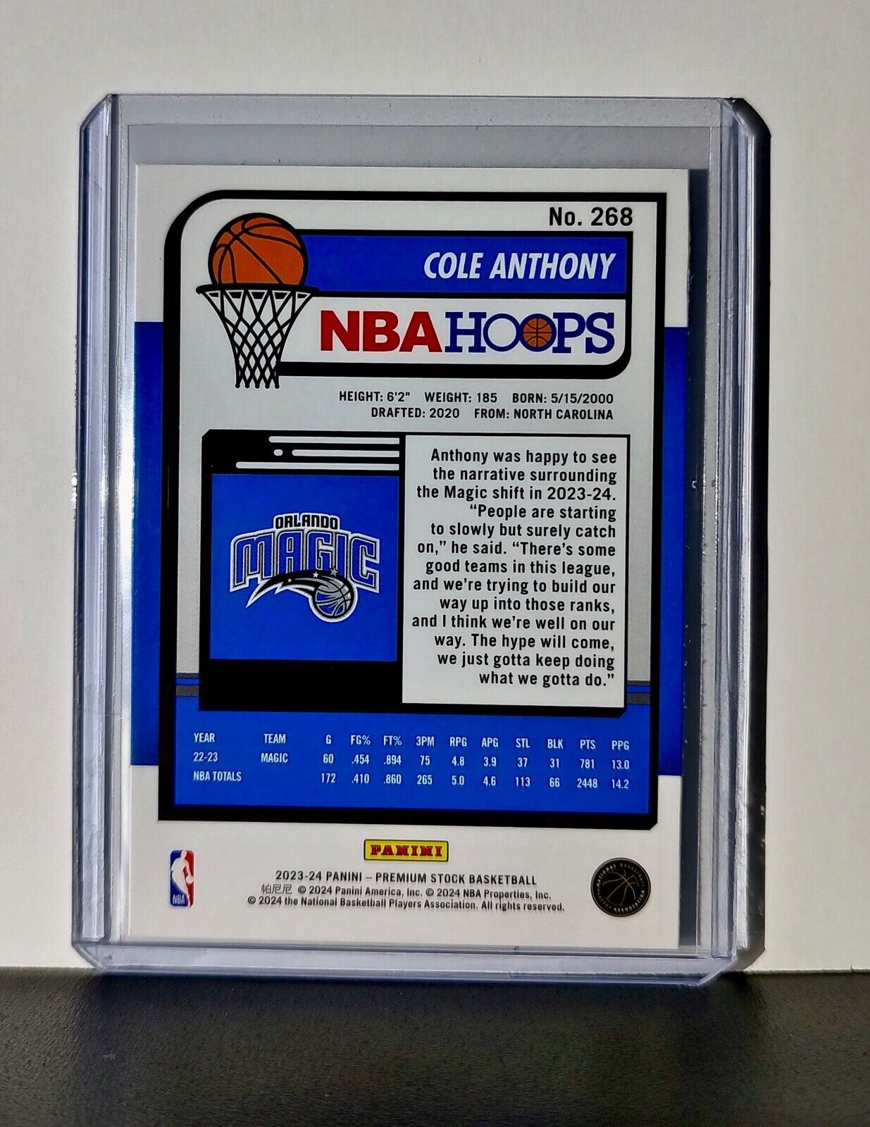 Cole Anthony 2023-24 Panini Premium Stock NBA Hoops #268 Card Orlando Magic