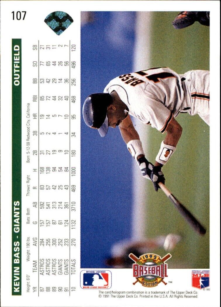 Kevin Bass 1992 Upper Deck MLB #107 Baseball Card San Francisco Giants