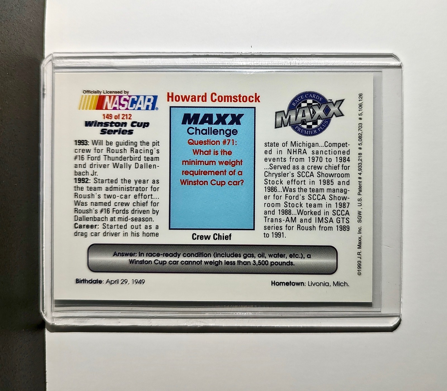 Howard Comstock 1993 Maxx Premier Plus Racing #149 NASCAR Card Roush Racing