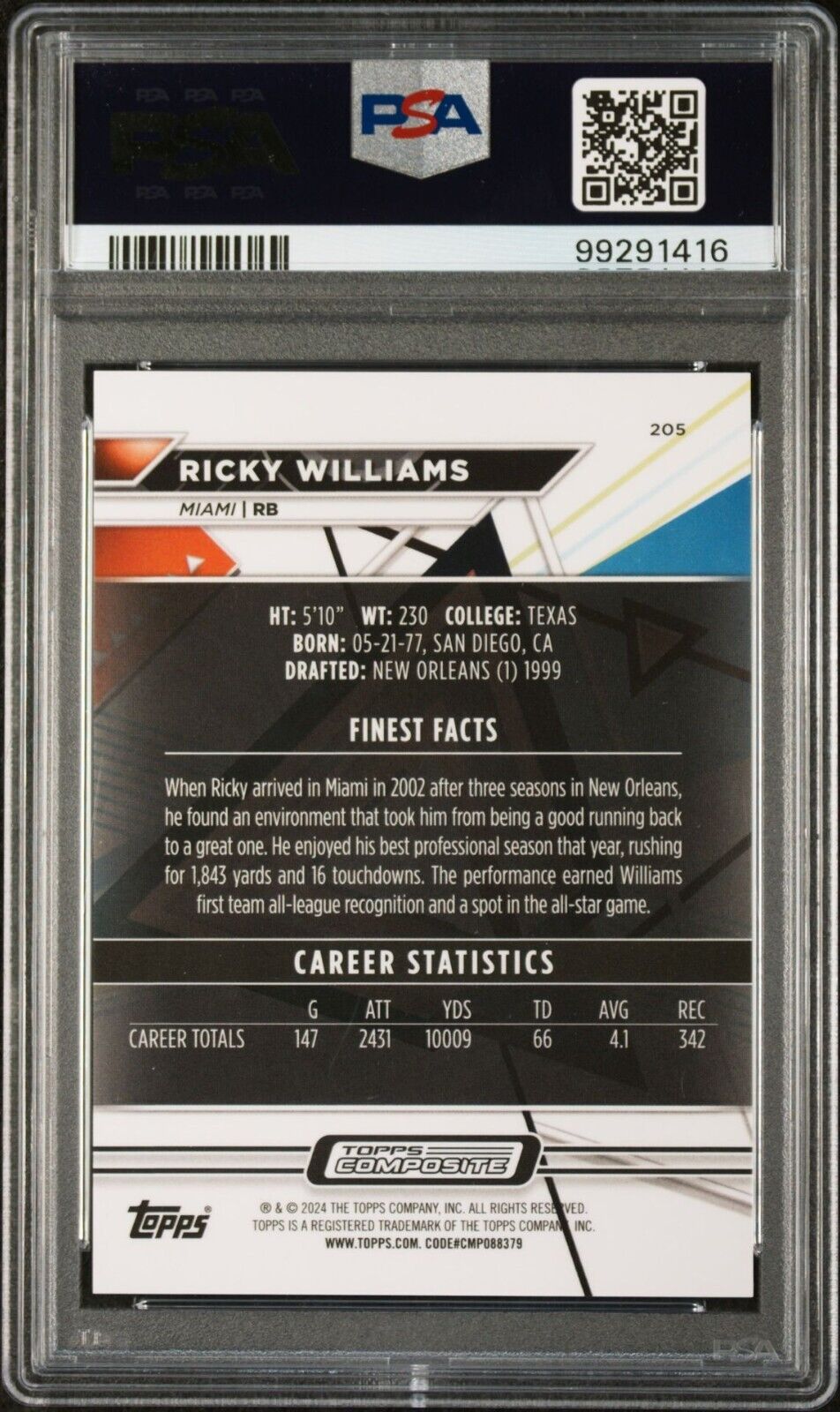 Ricky Williams 2023 Topps Finest #205 Sky Blue Refractor 228/250 Card PSA 10 Gem