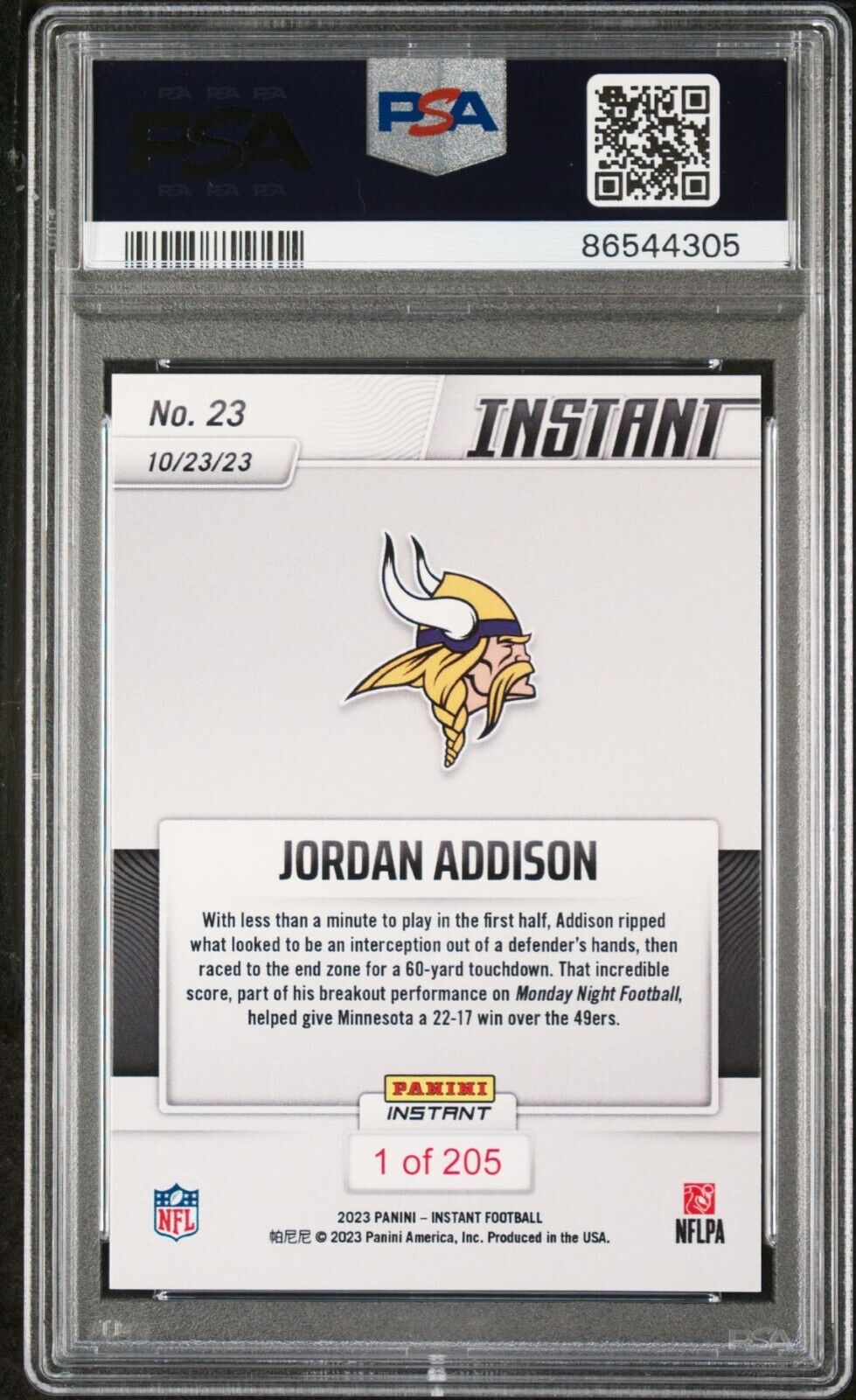 Jordan Addison 2023 Panini NFL Rookie #23 Card 1 of 205 Vikings PSA 9 Mint