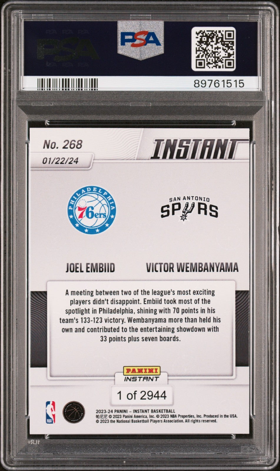 Victor Wembanyama / Joel Embiid 2023-24 Panini #267 NBA Card PSA 10 Gem Mint