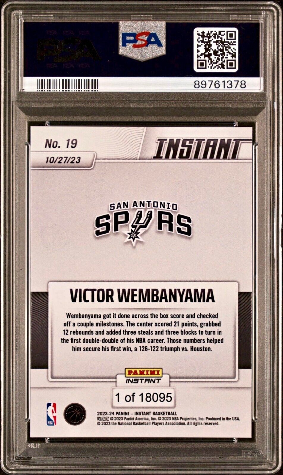 Victor Wembanyama 2023-24 Panini #19 NBA Rookie Card 1 of 18095 PSA 10 Gem Mint