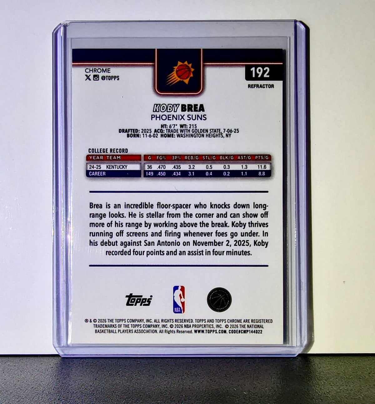 Koby Brea Rookie 2025-26 NBA Topps Chrome Update Refractor #192 Card Suns