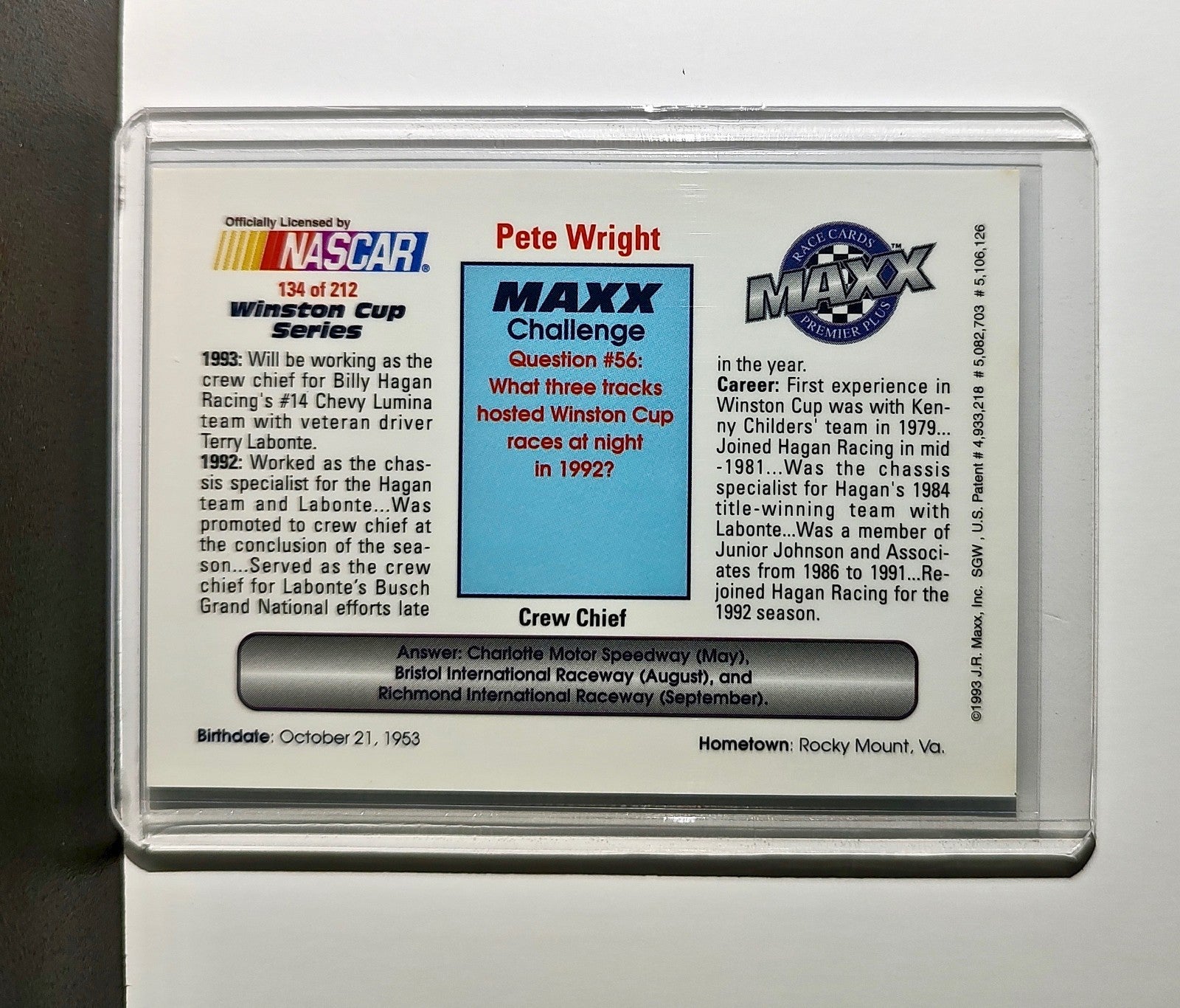 Pete Wright 1993 Maxx Premier Plus Racing #134 NASCAR Card Hagan Enterprises