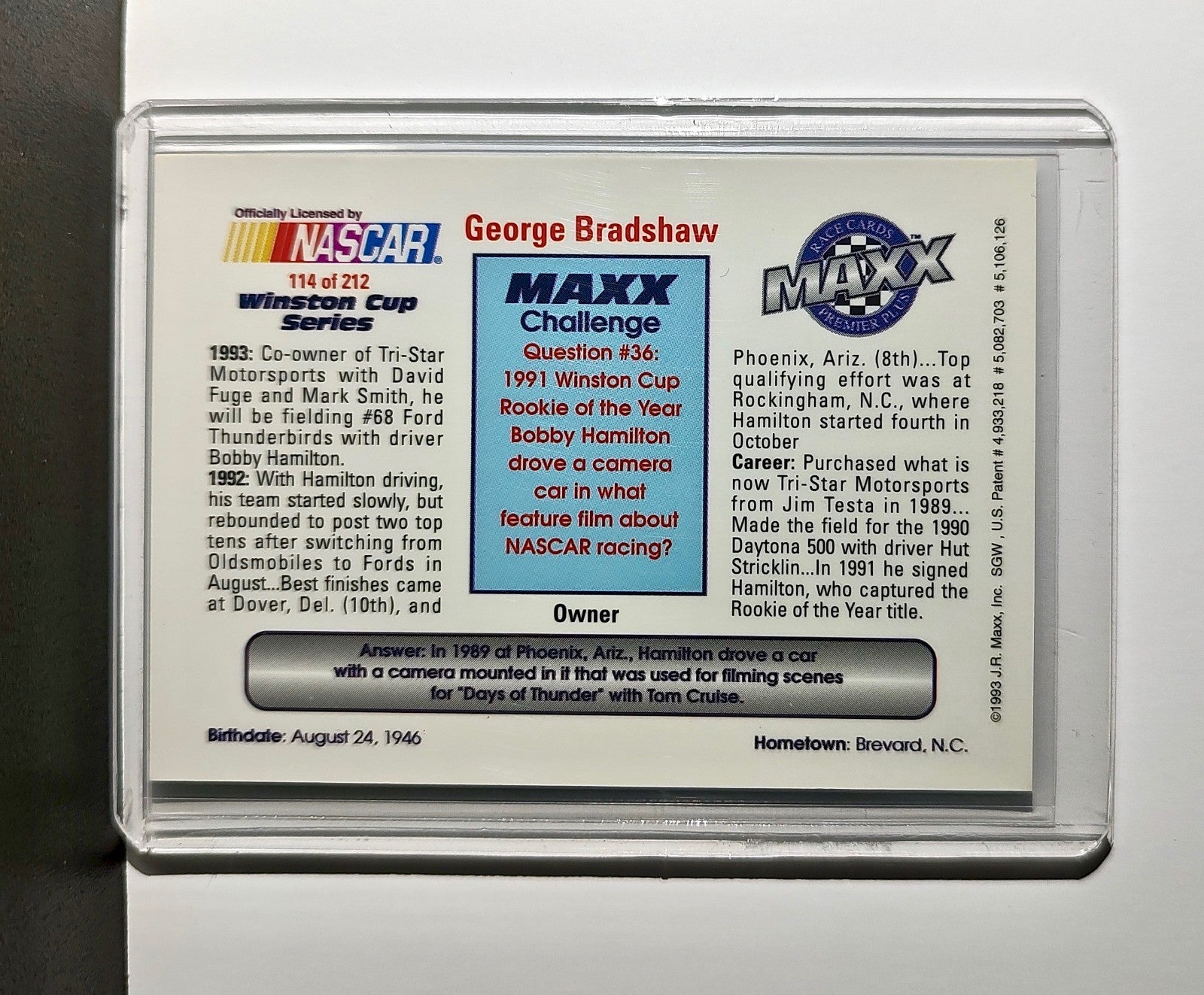 George Bradshaw 1993 Maxx Premier Plus Racing #114 NASCAR Tri-Star Motorsports