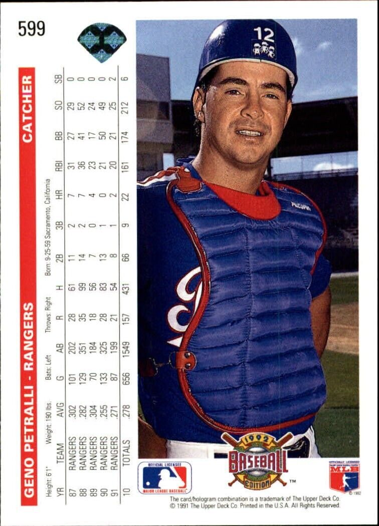 Geno Petralli 1992 Upper Deck MLB #599 Baseball Card Texas Rangers