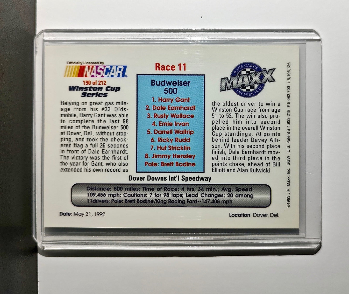 Race 11 Dover YR 1993 Maxx Premier Plus Racing #190 NASCAR Card