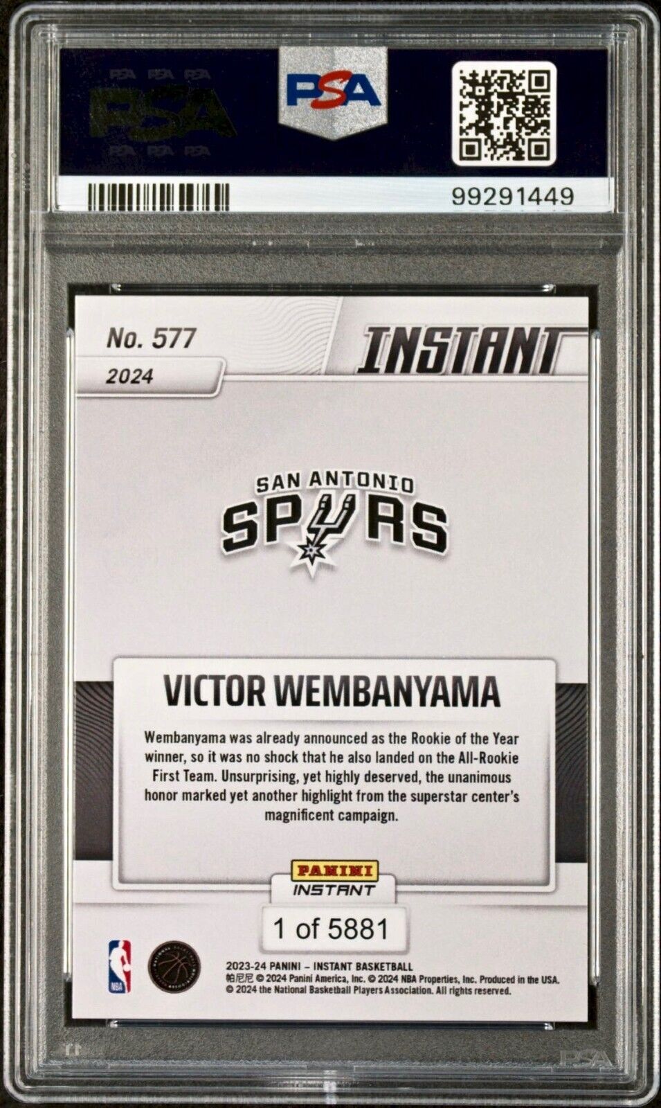 Victor Wembanyama 2023 Panini NBA All-Rookie 1st Team 577 Rookie Card PSA 9 Mint