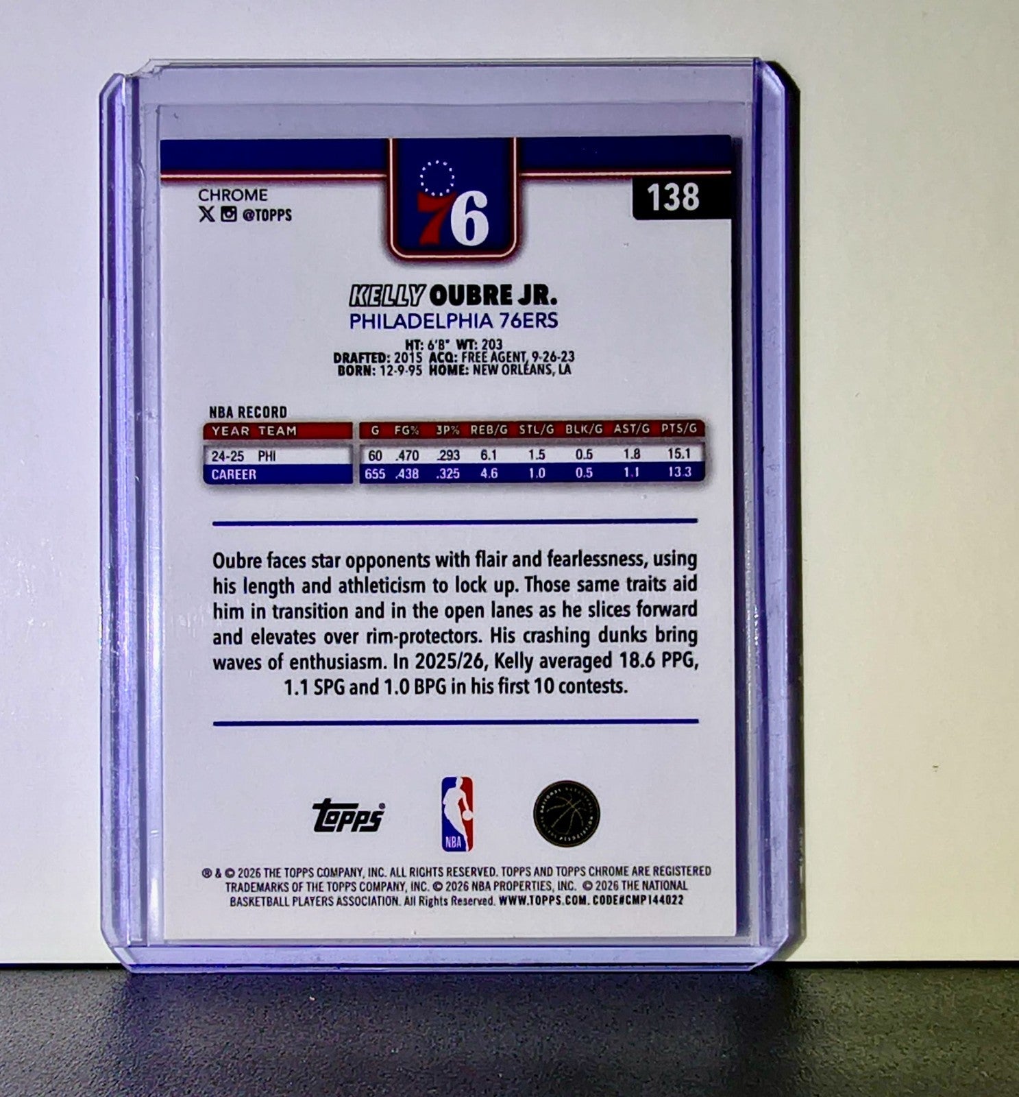Kelly Oubre Jr. 2025-26 NBA Topps Chrome Update X-Fractor #138 Card 76ers