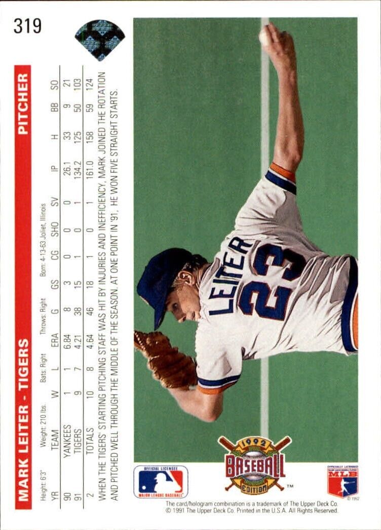 Mark Leiter 1992 Upper Deck MLB #319 Baseball Card Detroit Tigers