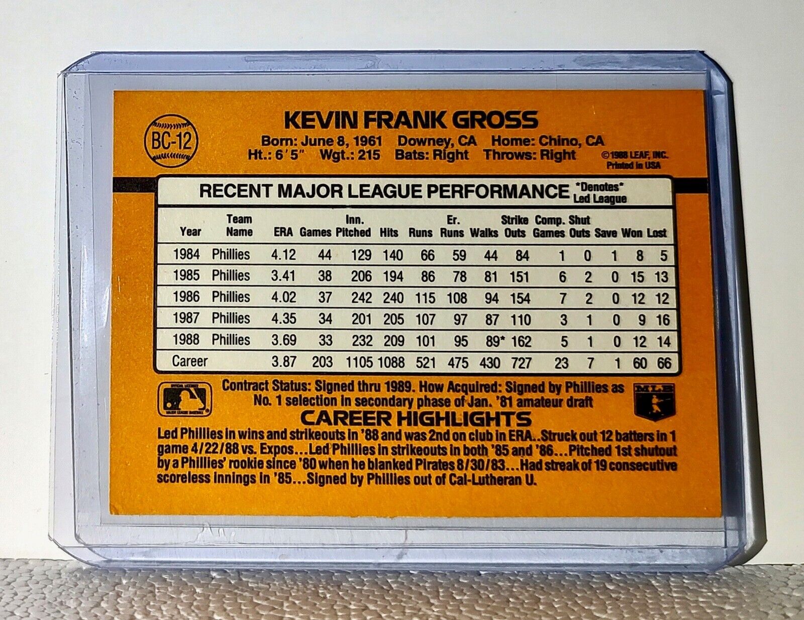 Kevin Gross 1989 Donruss #BC-12 MLB Baseball Card Phillies