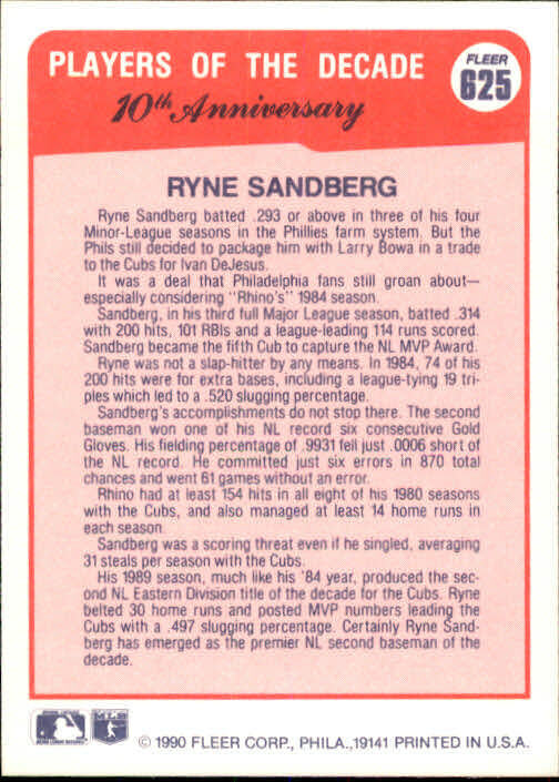 1990 Ryne Sandberg Fleer Baseball Card #625