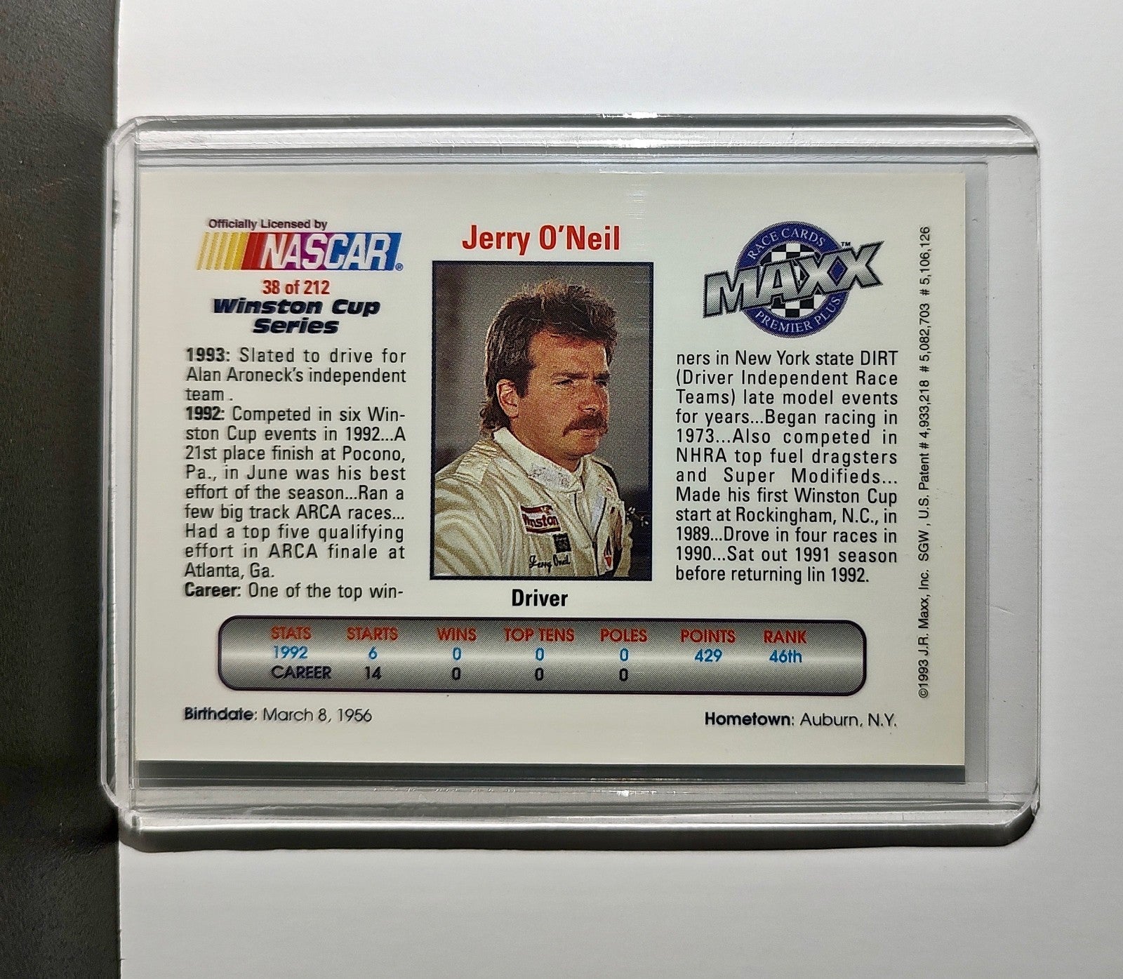Jerry O'Neil 1993 Maxx Premier Plus Racing #38 NASCAR Card Aroneck Racing