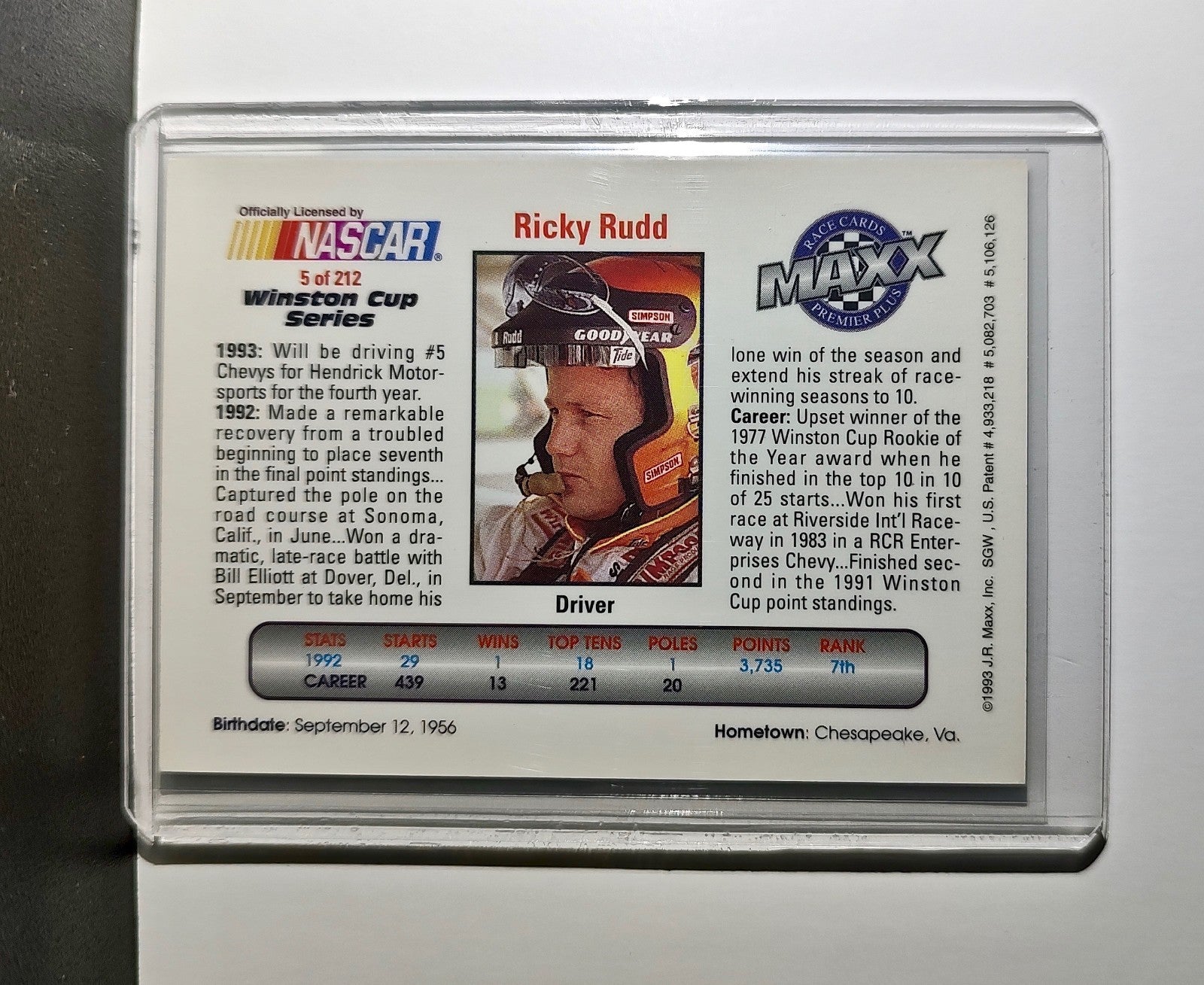 Ricky Rudd 1993 Maxx Premier Plus Racing #5 NASCAR Card Hendrick Motorsports