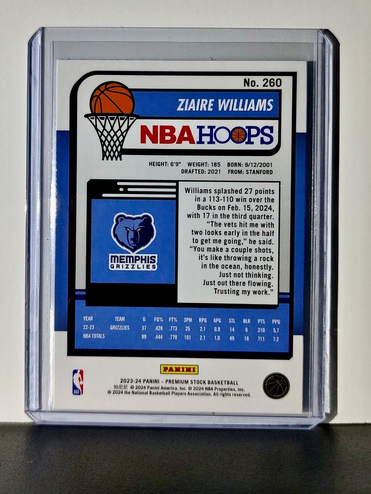 Ziaire Williams 2023-24 Panini Premium Stock NBA Hoops #260 Card Grizzlies