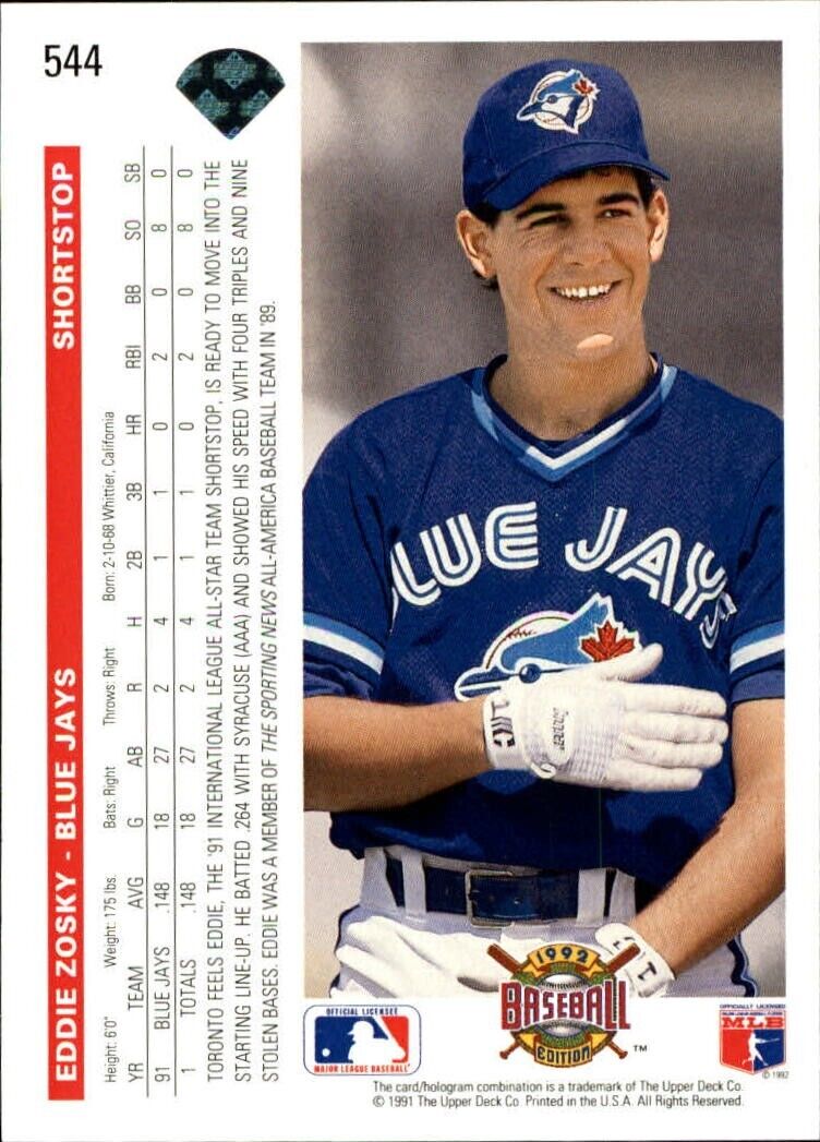 Eddie Zosky 1992 Upper Deck MLB #544 Baseball Card Toronto Blue Jays