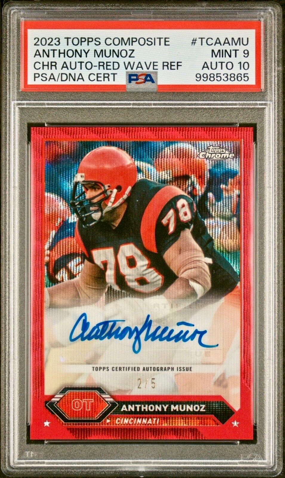 Anthony Munoz 2023 Topps Chrome NFL Geometric Red 2/5 Card PSA 9 Auto 10