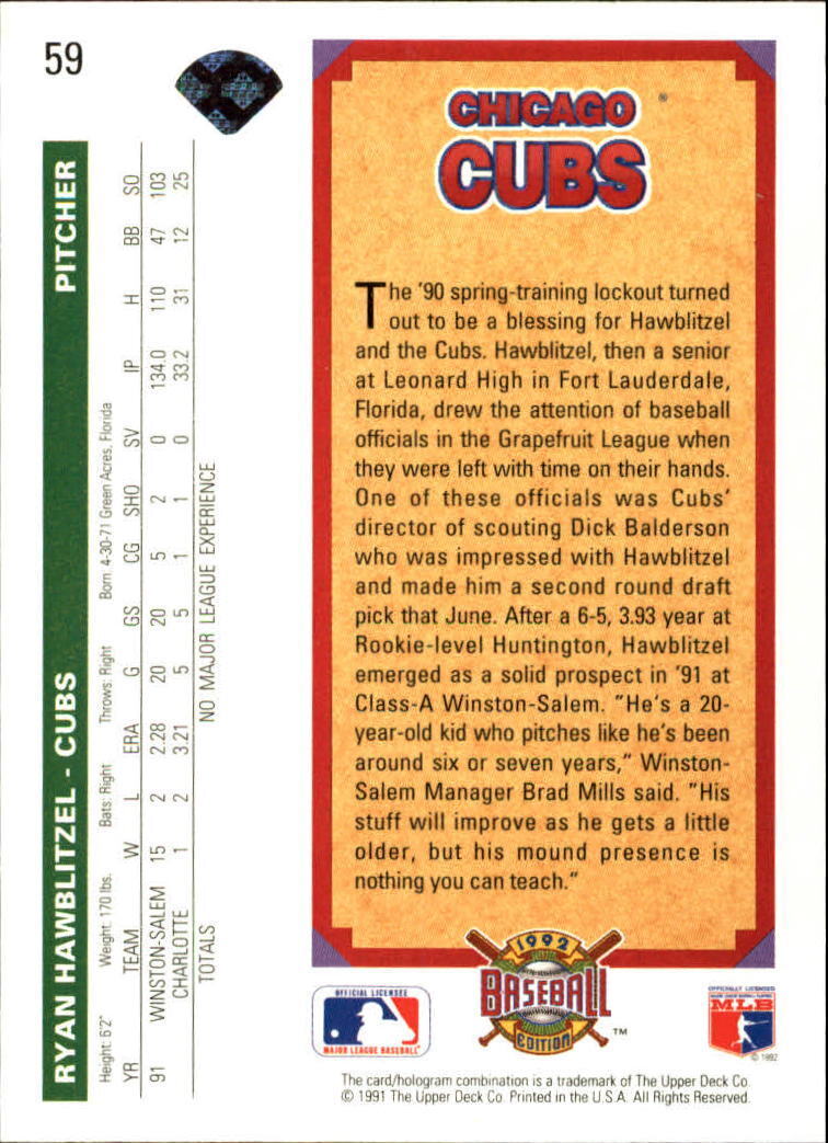Ryan Hawblitzel 1992 Upper Deck MLB #59 Rookie Baseball Card Chicago Cubs