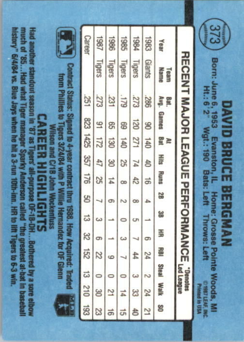 1988 Dave Bergman Donruss Baseball Card #373