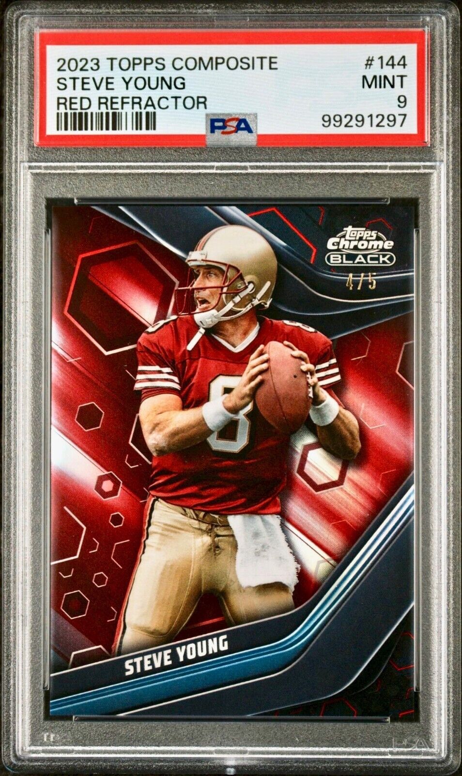 Steve Young 2023 Topps Chrome Black NFL #144 Red Refractor 4/5 Card PSA 9 Mint