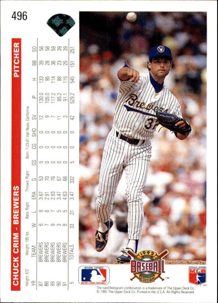 Chuck Crim 1992 Upper Deck MLB #496 Baseball Card Milwaukee Brewers