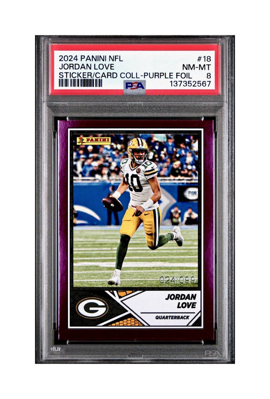 Jordan Love 2024 Panini Sticker Collection 024/099 #18 Purple Foil PSA 8 NM-MT
