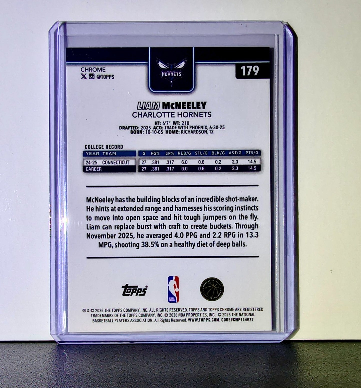 Liam McNeeley Rookie 2025-26 NBA Topps Chrome Update #179 Card Charlotte Hornets