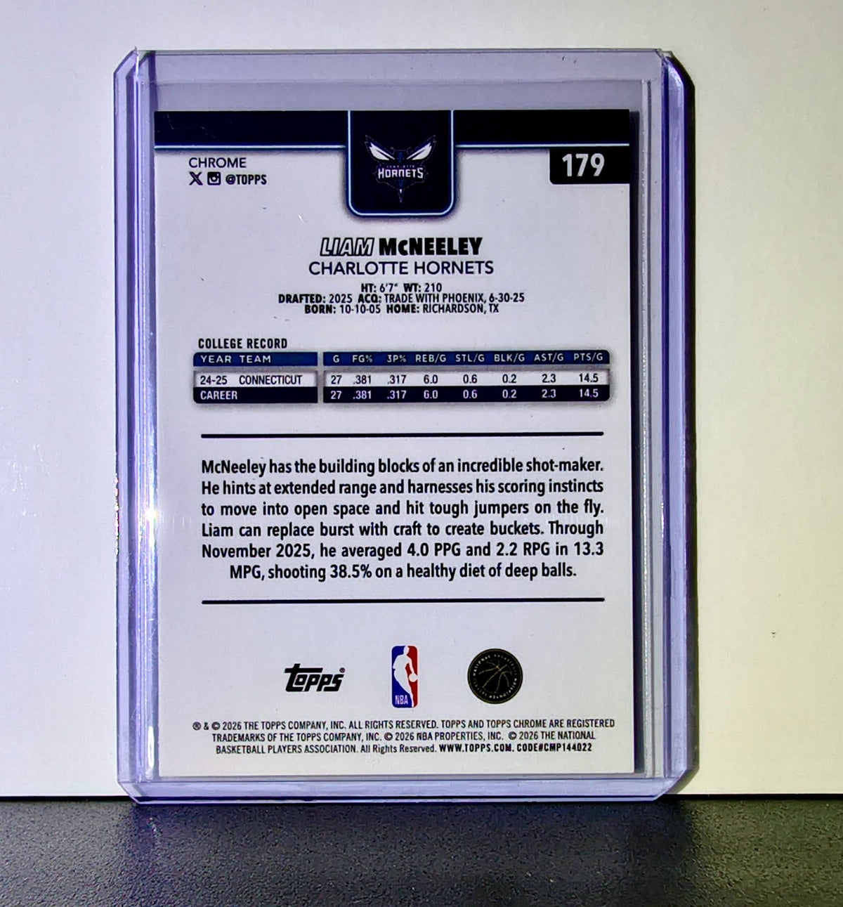 Liam McNeeley Rookie 2025-26 NBA Topps Chrome Update #179 Card Charlotte Hornets