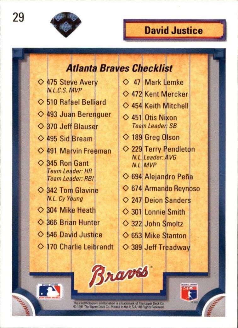 David Justice 1992 Upper Deck MLB #29 Team Checklist Card Atlanta Braves