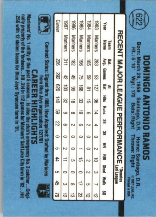 1988 Domingo Ramos Donruss Baseball Card #622