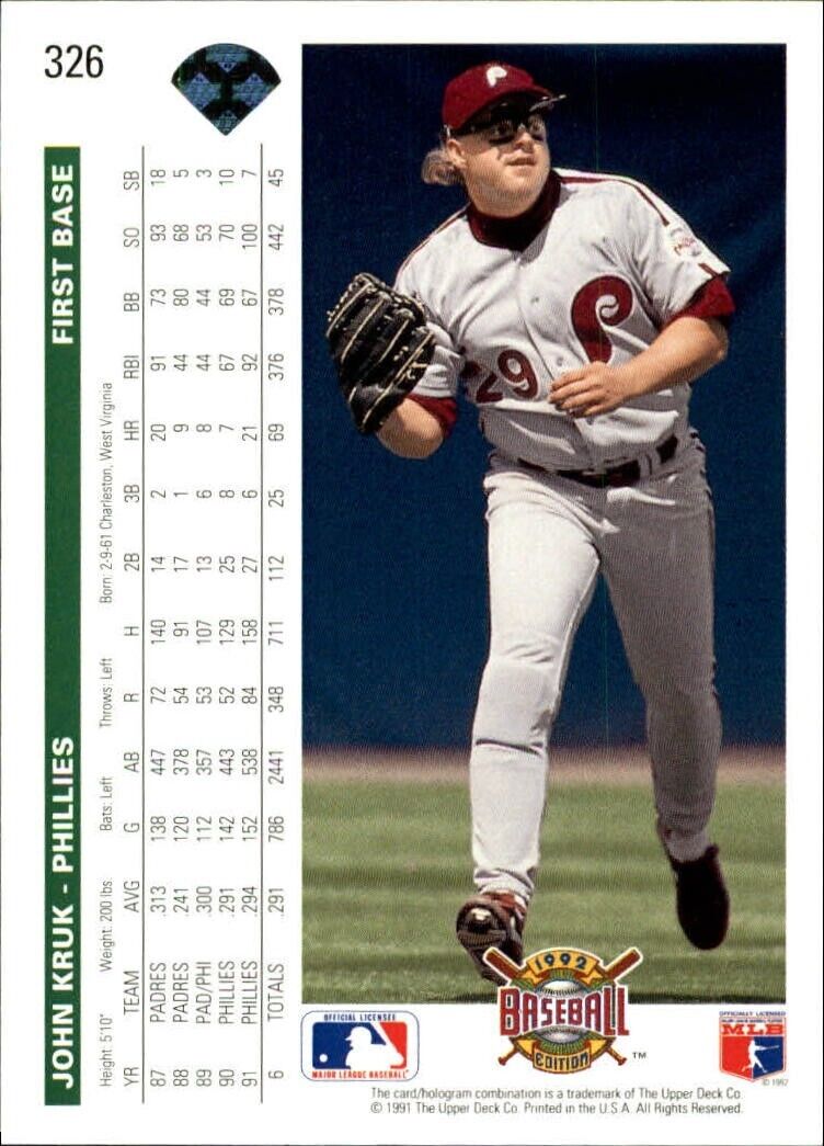 John Kruk 1992 Upper Deck MLB #326 Baseball Card Philadelphia Phillies