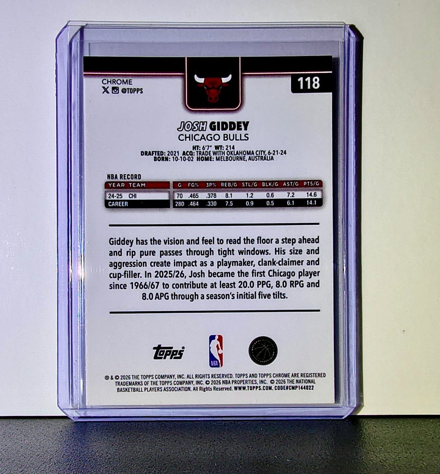 Josh Giddey 2025-26 NBA Topps Chrome Update #118 Basketball Card Chicago Bulls
